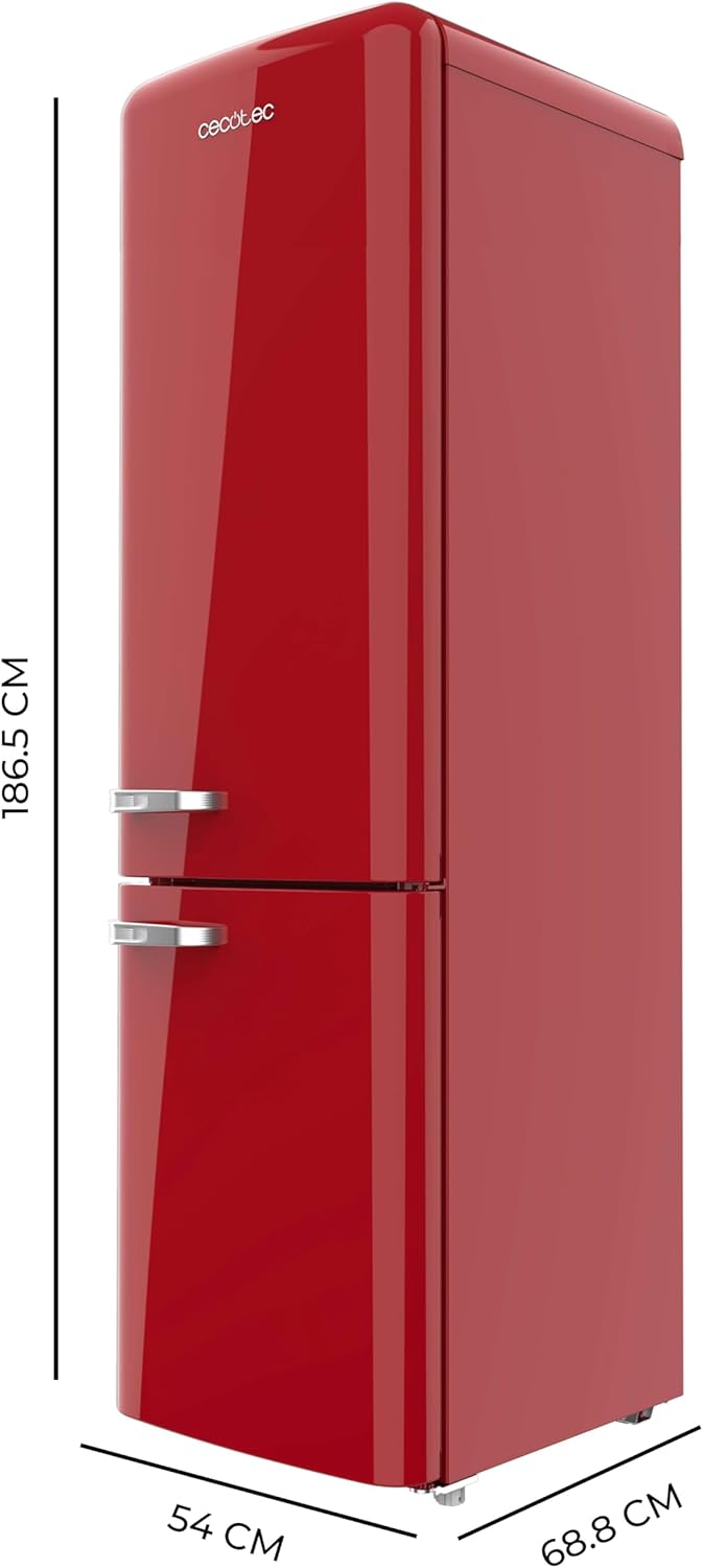 Cecotec Refrigerateur Congelateur Combiné Bolero CoolMarket Combi Origin 250 NF Red E. Réfrigérateur 250L, rouge rétro, No Frost, Multi Air Flow, Fast Cooling, classe E