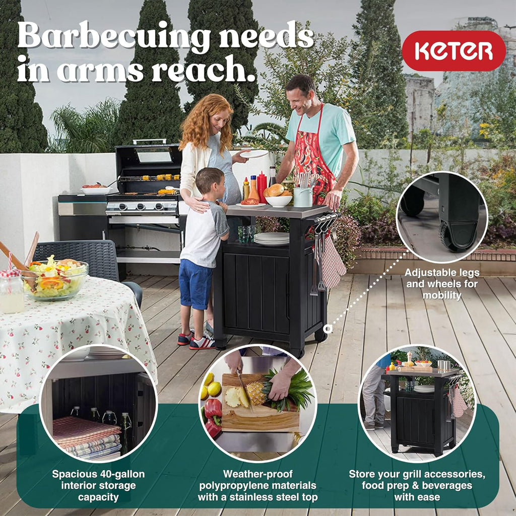 Keter Unity Chariot de table portable résistant aux intempéries avec comptoir en acier inoxydable, crochets de rangement et barres latérales, gris