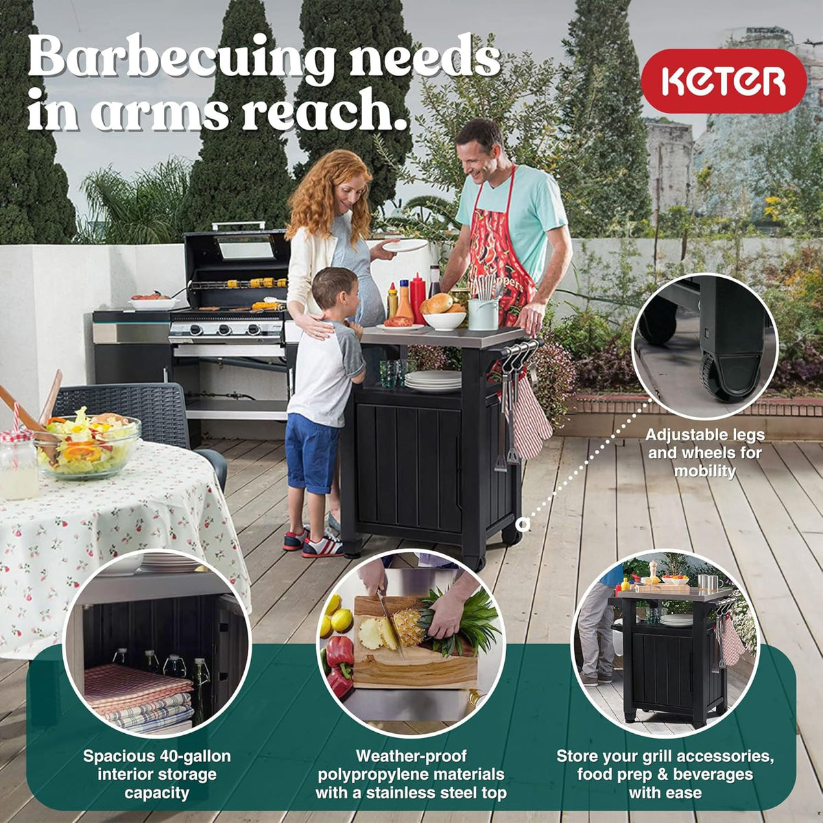 Keter Unity Chariot de table portable résistant aux intempéries avec comptoir en acier inoxydable, crochets de rangement et barres latérales, gris