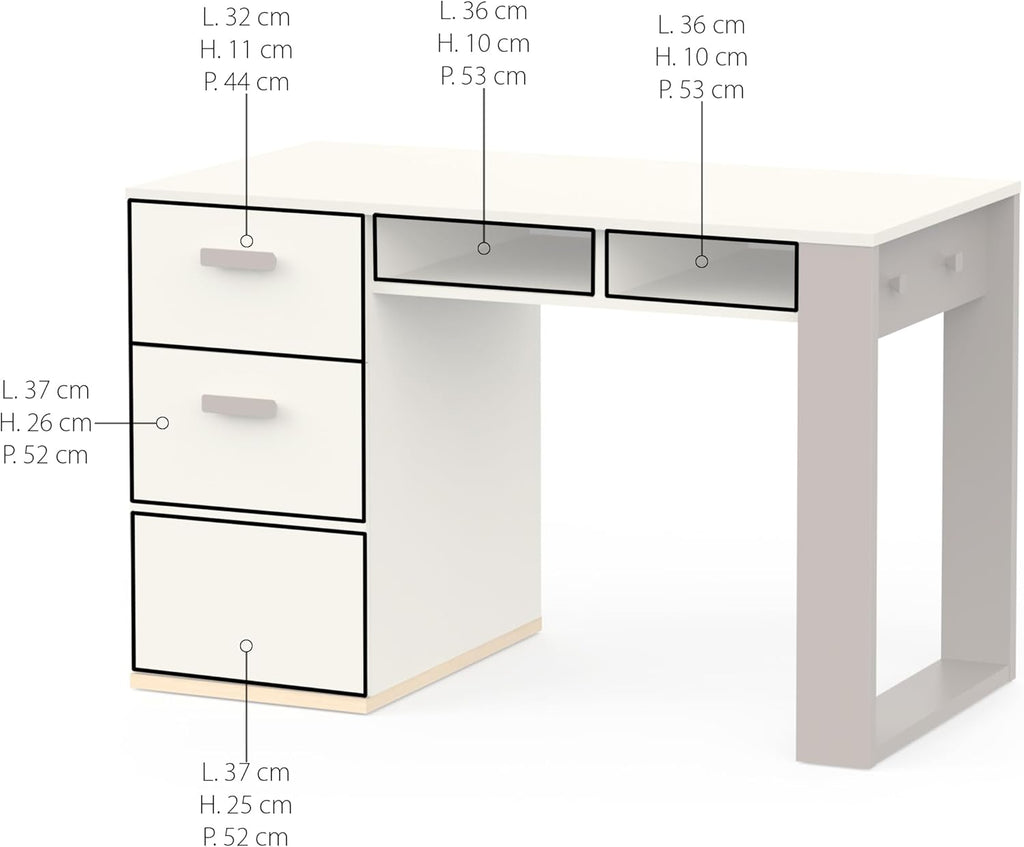 Demeyere Bureau Blanc et Gris avec Tiroir Silencieux, Deux Niches et 2 Crochets Latéraux – Bureau Enfant ou Adulte Fonctionnel 120x77x60 cm