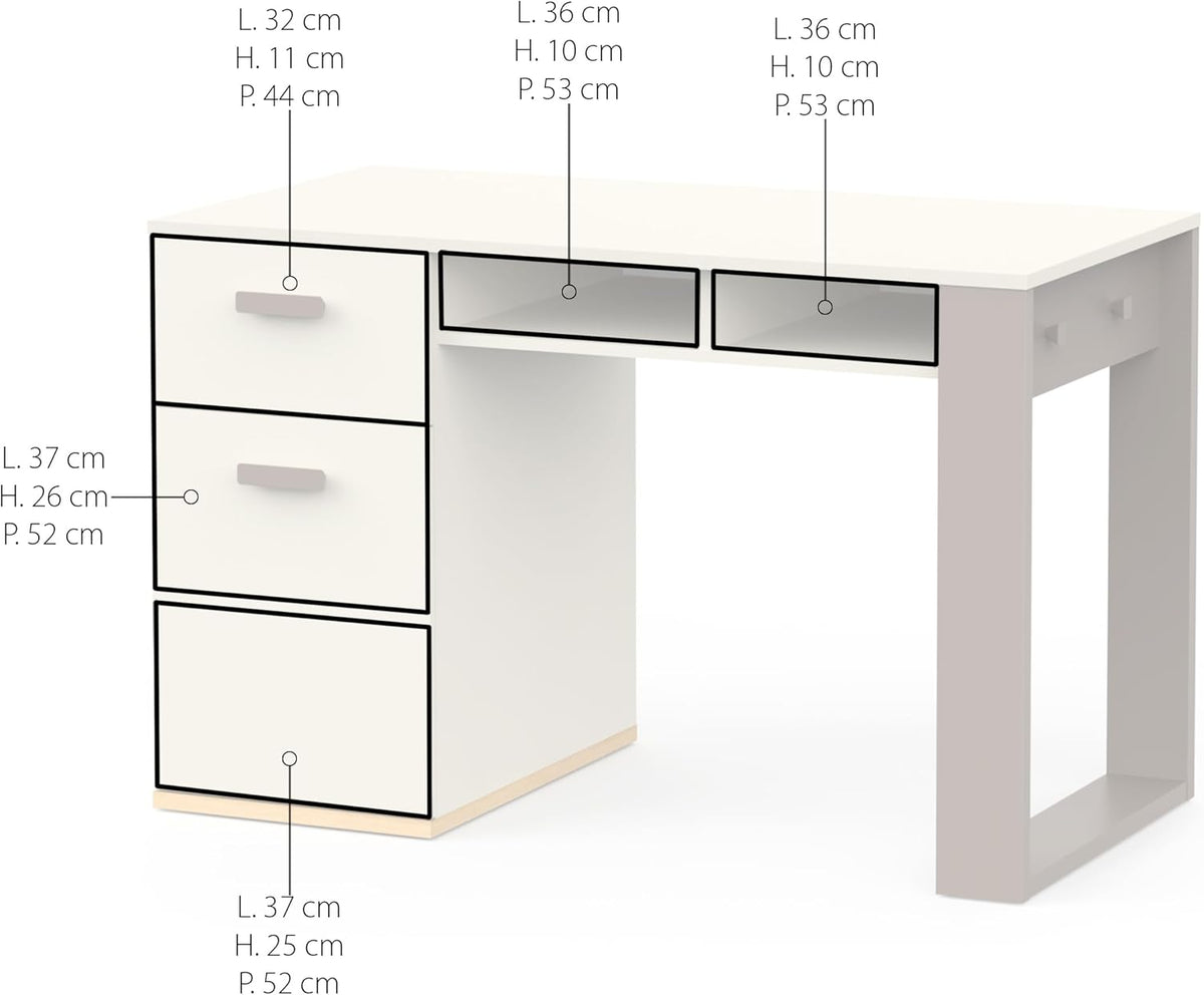 Demeyere Bureau Blanc et Gris avec Tiroir Silencieux, Deux Niches et 2 Crochets Latéraux – Bureau Enfant ou Adulte Fonctionnel 120x77x60 cm