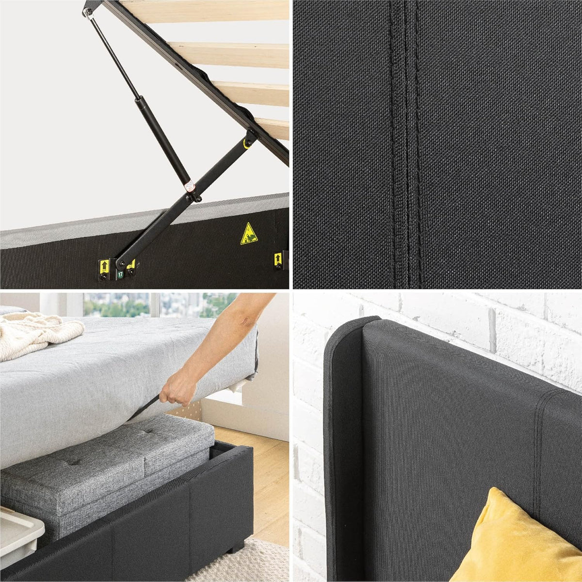 Zinus Maddon Lit 140 x 200 cm - Hauteur 31 cm avec Espace de Rangement sous Le lit - Cadre de lit rembourré avec Espace de Rangement - Noir