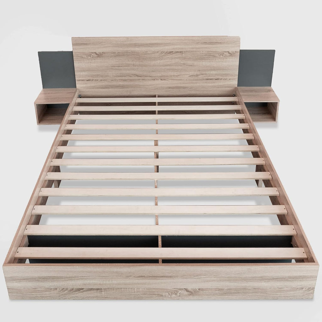 Lit moderne en bois 160 x 200 cm – Avec 2 tables de chevet et design en bois naturel – Ensemble de chambre à coucher en chêne Sonoma (gris foncé)