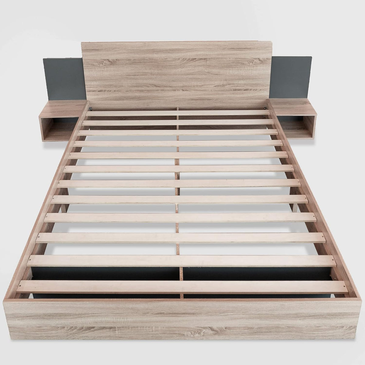 Lit moderne en bois 160 x 200 cm – Avec 2 tables de chevet et design en bois naturel – Ensemble de chambre à coucher en chêne Sonoma (gris foncé)
