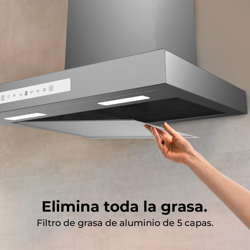 Cecotec Hotte aspirante Bolero Flux TT 908000. Hotte aspirante de 90 cm, inox, 800m3/h, moteur 210W, classe A++, écran tactile glass white, 3 niveaux, filtre charbon.
