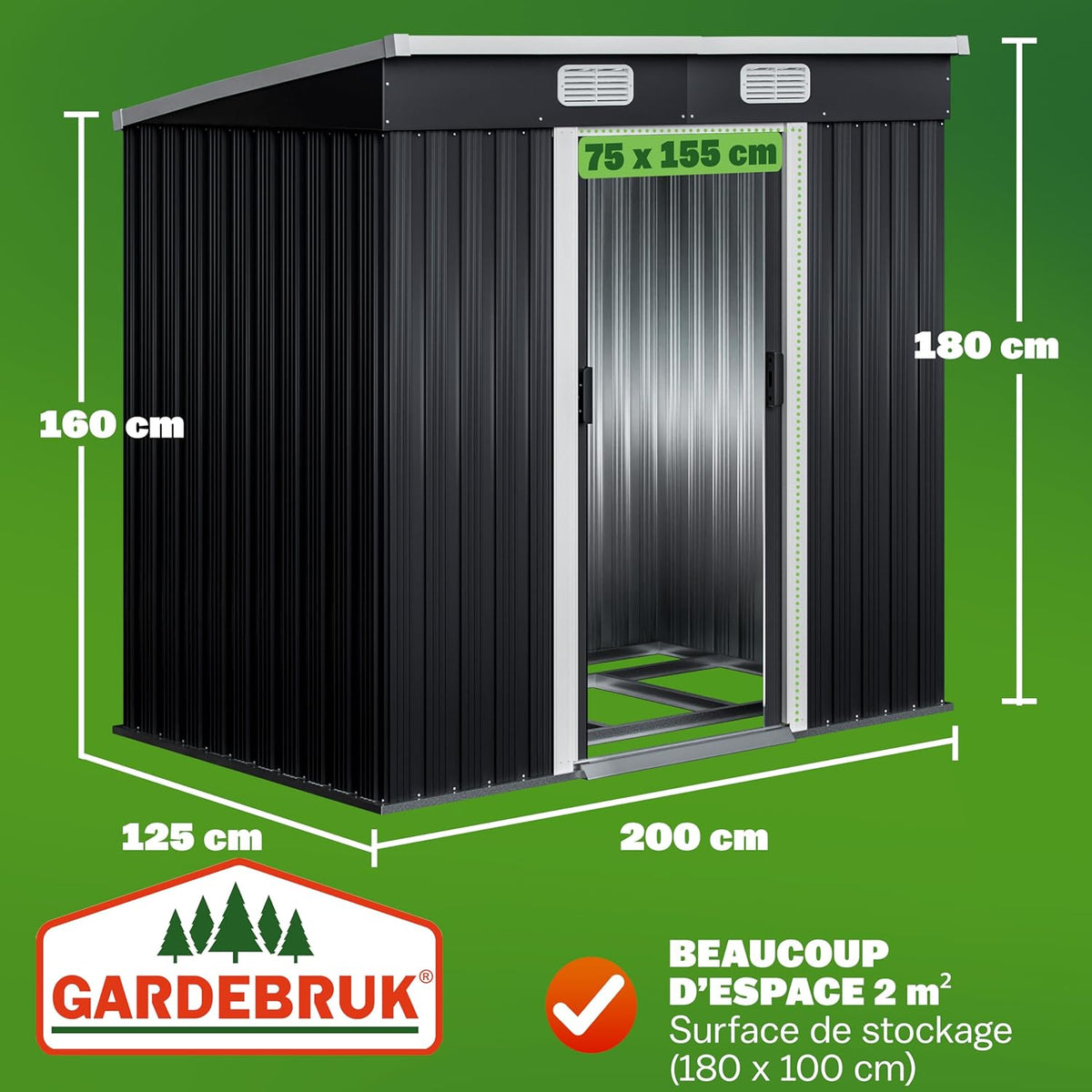 GARDEBRUK Abri de Jardin métal L 2m² Fondation 200x125x185cm Porte coulissante Anthracite cabane de Jardin cabanon Rangement Outils 3,4m³