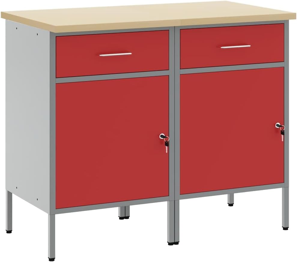vidaXL Placard de Travail 2 pcs Rouge et Gris 100 x 55 x 85 cm, Organisation d'atelier, Rangement de qualité, Armoire Industrielle Pratique, système de Stockage Multi-Fonction