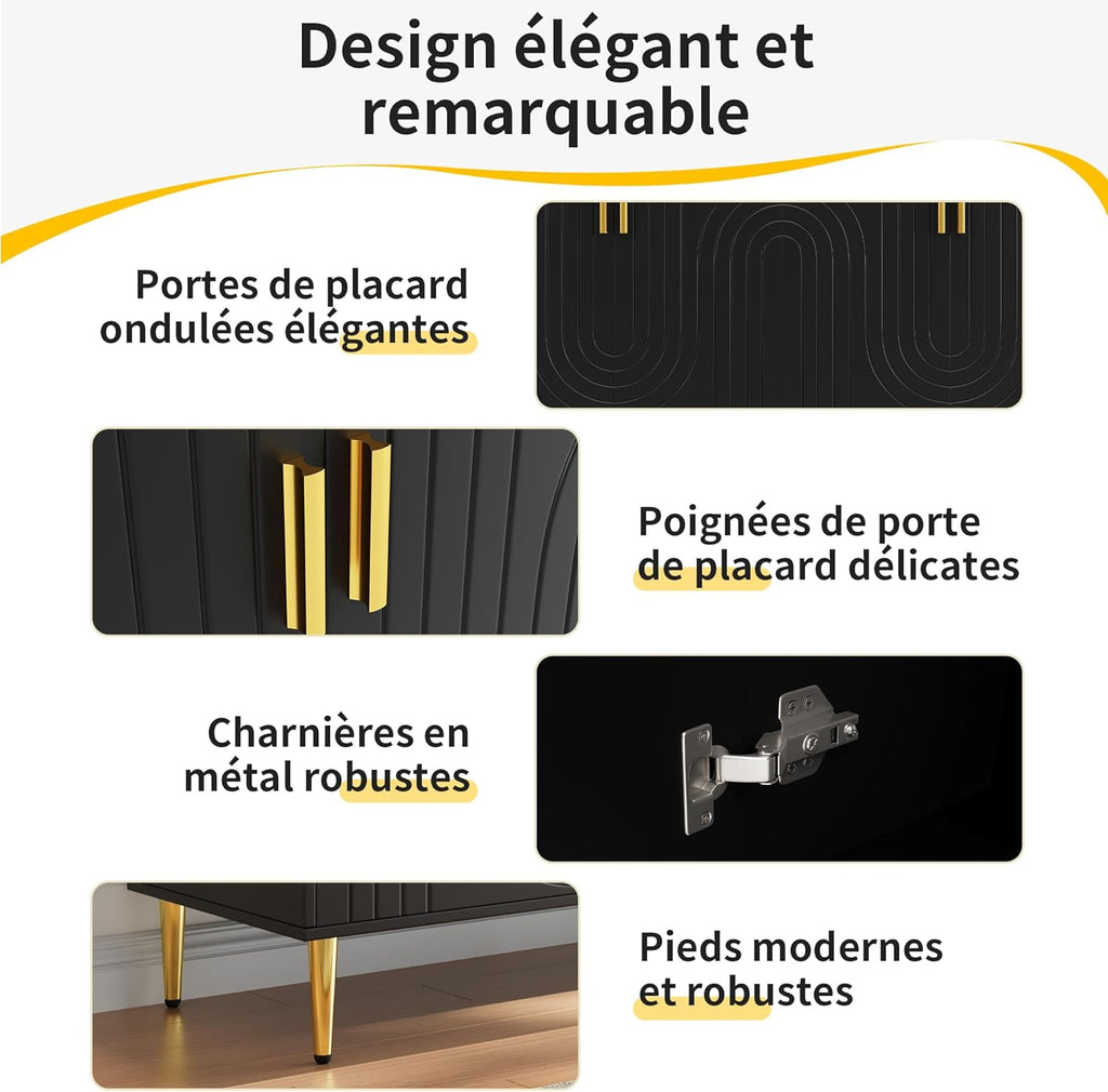 Buffet au design ondulé unique avec poignées et pieds dorés pour un coin repas élégant (noir, 152 x 40 x 75 cm)