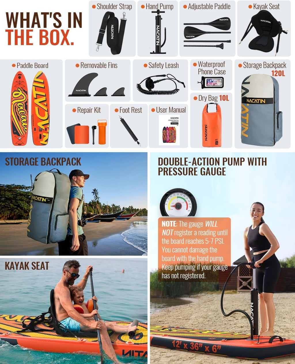 Planche de paddle familiale gonflable de 30,5 cm avec kit de conversion en kayak, kit complet de paddle pour adultes, avec pagaie simple/double, siège de kayak et autres accessoires