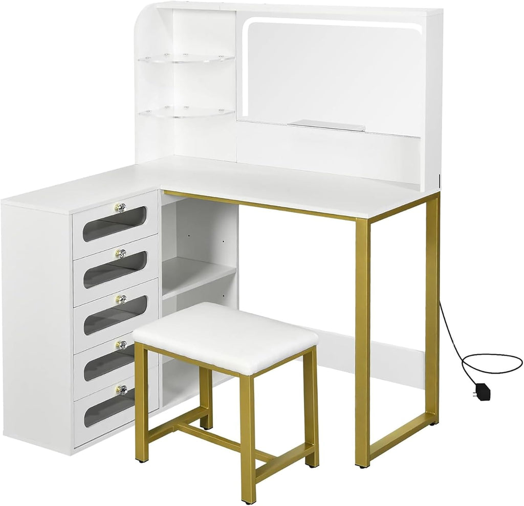 Coiffeuse avec Miroir Réglable LED et Tabouret, Coiffeuse d'angle en L, Commode Moderne avec 5 tiroirs et 2 étageres enacrylique, pour Chambre à Coucher, Salon, Blanc