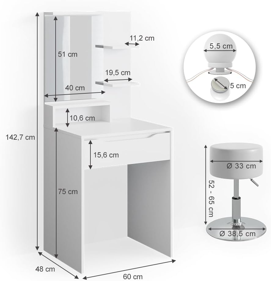 Vicco Coiffeuse Ruben, Blanc, 60 cm avec éclairage LED et Tabouret