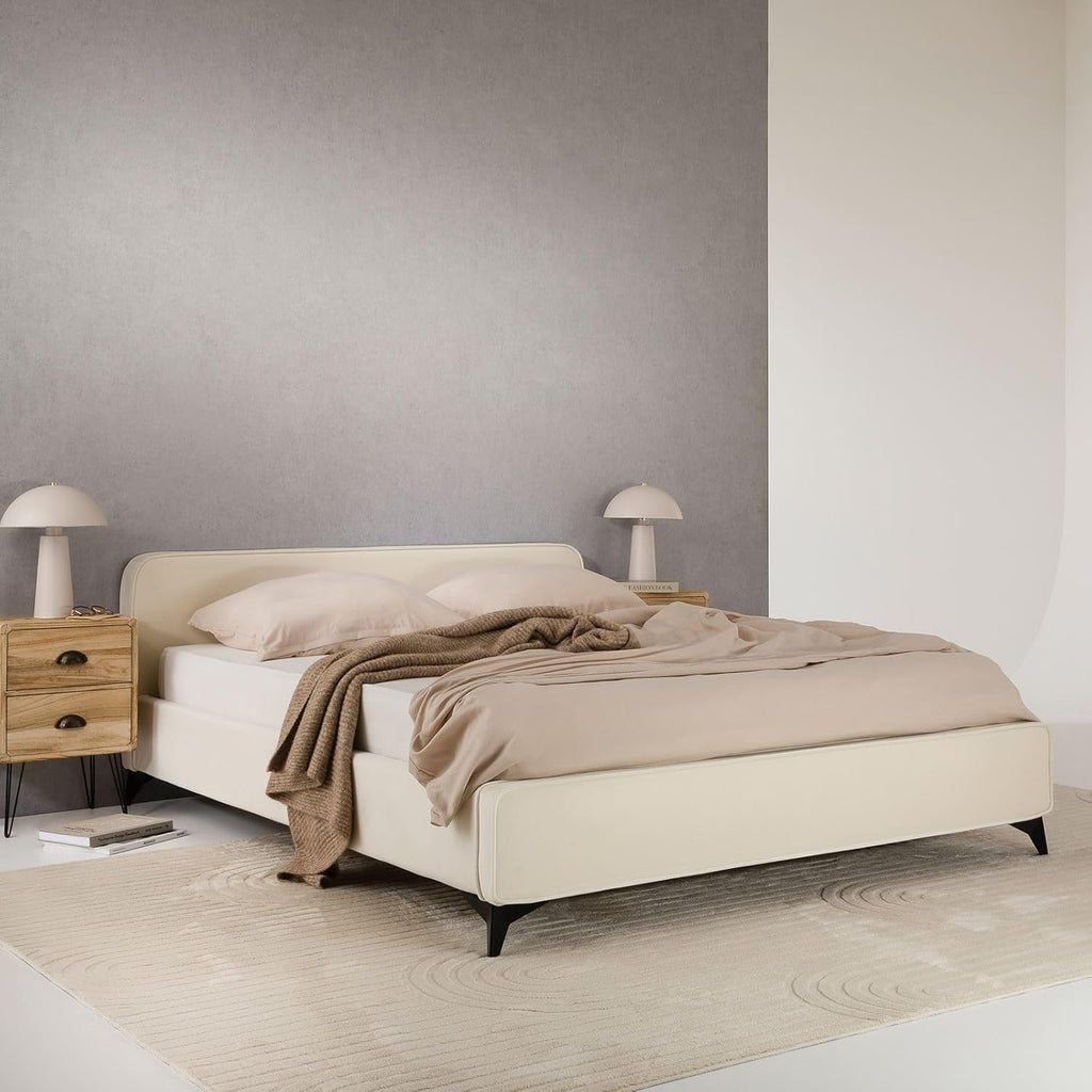 IDIMEX Lit Double Ravello 140x190 cm, Revêtement en Tissu, Lit Style Moderne pour 2 Personnes, Cadre de lit en Bois avec sommier Inclus, Blanc crème