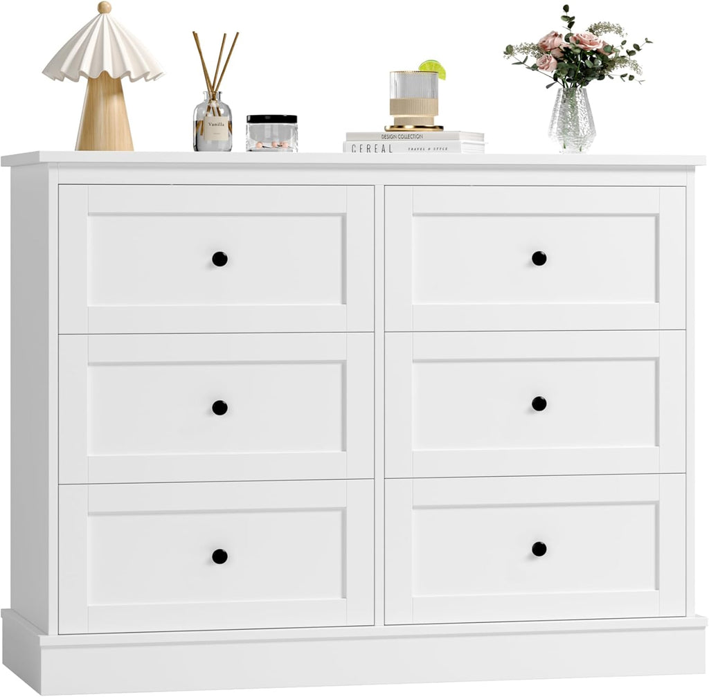 FOREHILL Commode Chambre Blanche Commode 6 Tiroirs Meuble de Rangement Chambre Adulte en Bois, Style Moderne 108x40x87cm