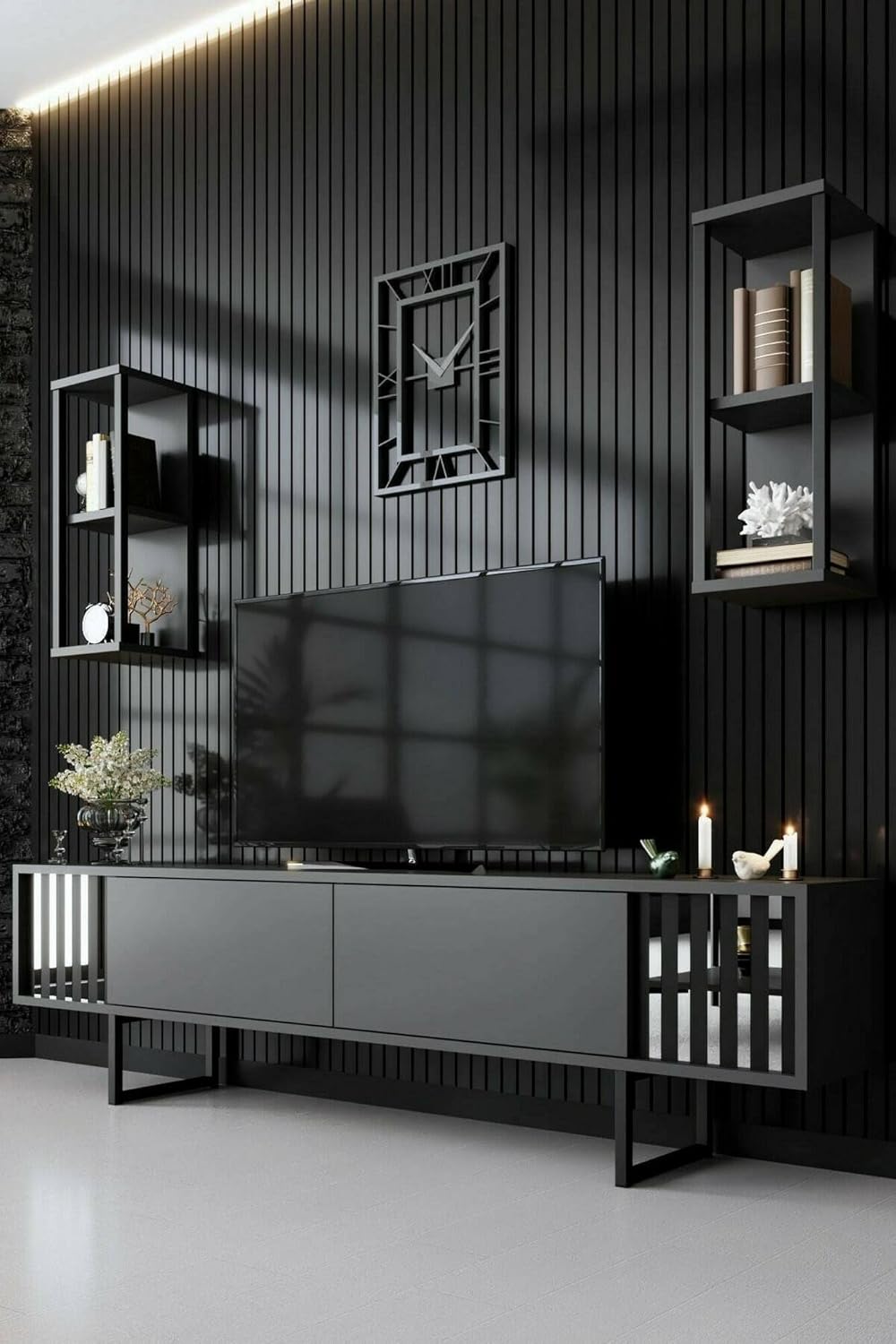 Dmora - Meuble TV Ananke, Buffet de Salon, Armoire Basse pour TV, Base Murale de Rangement, 180x30h48 cm, Anthracite et Noir