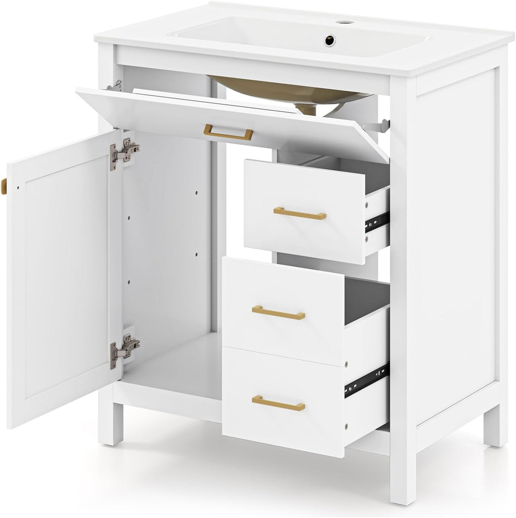 LIFEZEAL Meuble de Salle de Bain avec Lavabo, Meuble sous Lavabo avec Évier en Céramique, 2 Tiroirs et Portes, 76 x 46,5 x 86 cm, Ensemble de Meuble de Salle de Bain, Blanc