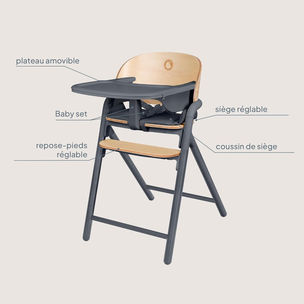LIONELO Chaise Haute en Bois Celia, Évolutive, dès 6 mois jusqu'à 90 kg, Repose-pieds Réglable, Harnais 5 Points, Coussin de Siège, Nettoyage Facile (Grey)