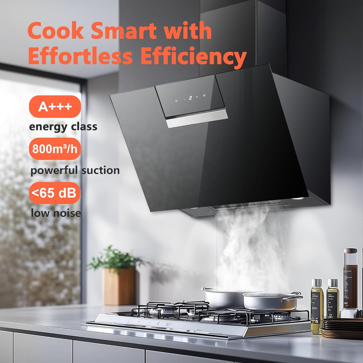 SNDOAS Hotte Aspirante 60cm, 800 m3/h Hotte Inclinée avec 2 Filtres à Charbon, Classe A+++, 4 Vitesses, Écran Tactile, Evacuation ou Recyclage, Éclairage LED, Noire
