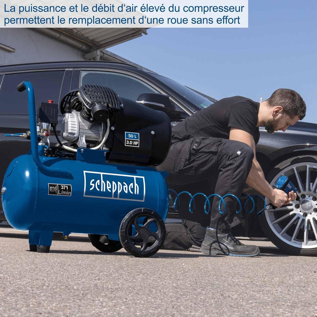 Compresseur Scheppach HC53DC (2200 watts, 50 L, 10 bar, puissance d'aspiration 412 L/min, limiteur de pression, lubrification à l'huile, vérin double)