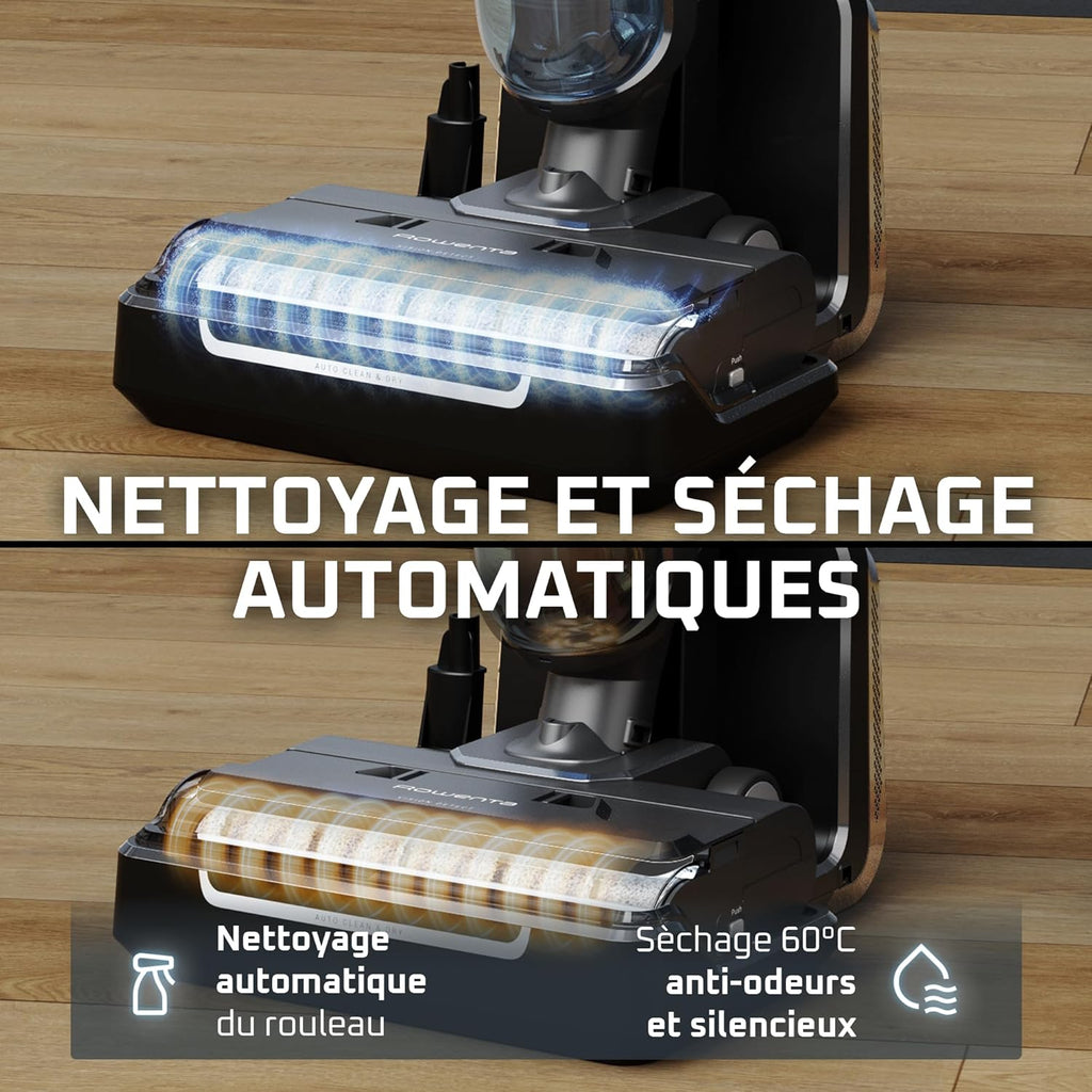 Rowenta X-Clean5, Aspirateur Laveur sans Fil, Nettoyage 2-en-1, Mode de détection Auto, Éclairage LED, Auto-Nettoyage, Séchage air Chaud, GZ5557EE, Blanc/Noir