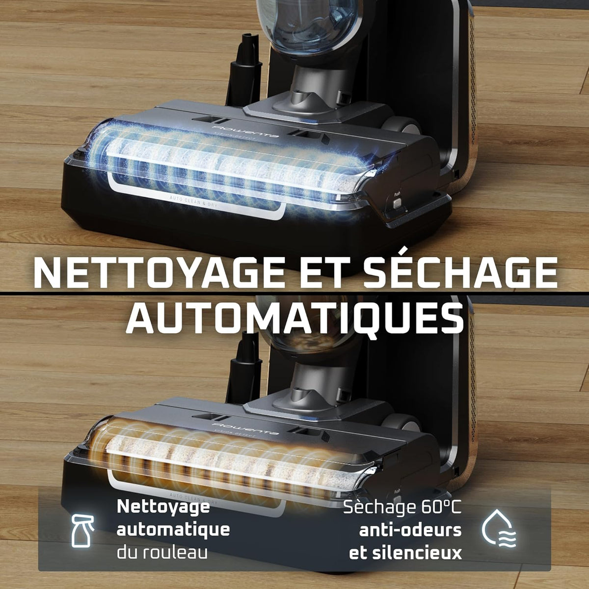 Rowenta X-Clean5, Aspirateur Laveur sans Fil, Nettoyage 2-en-1, Mode de détection Auto, Éclairage LED, Auto-Nettoyage, Séchage air Chaud, GZ5557EE, Blanc/Noir
