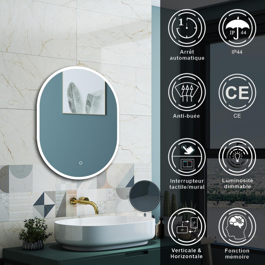 HAPAOSO Ensemble Meubles Salle de Bain 120 cm Blanc - Double Vasque Céramique, 4 Tiroirs de Stockage, Miroir LED Ovale Dimmable