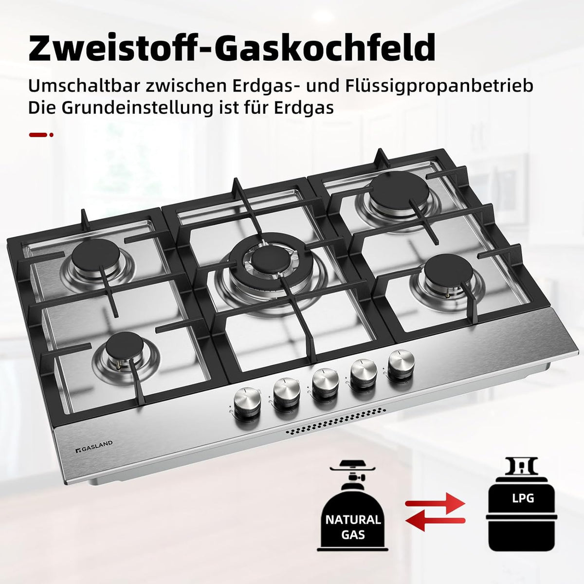GASLAND GH2705SS1FC 76 cm Table de Cuisson à Gaz Encastrable Inox 5 Feux, Fonctionne au GPL ou au Gaz Naturel, Brûleur Wok, 10400 Watts