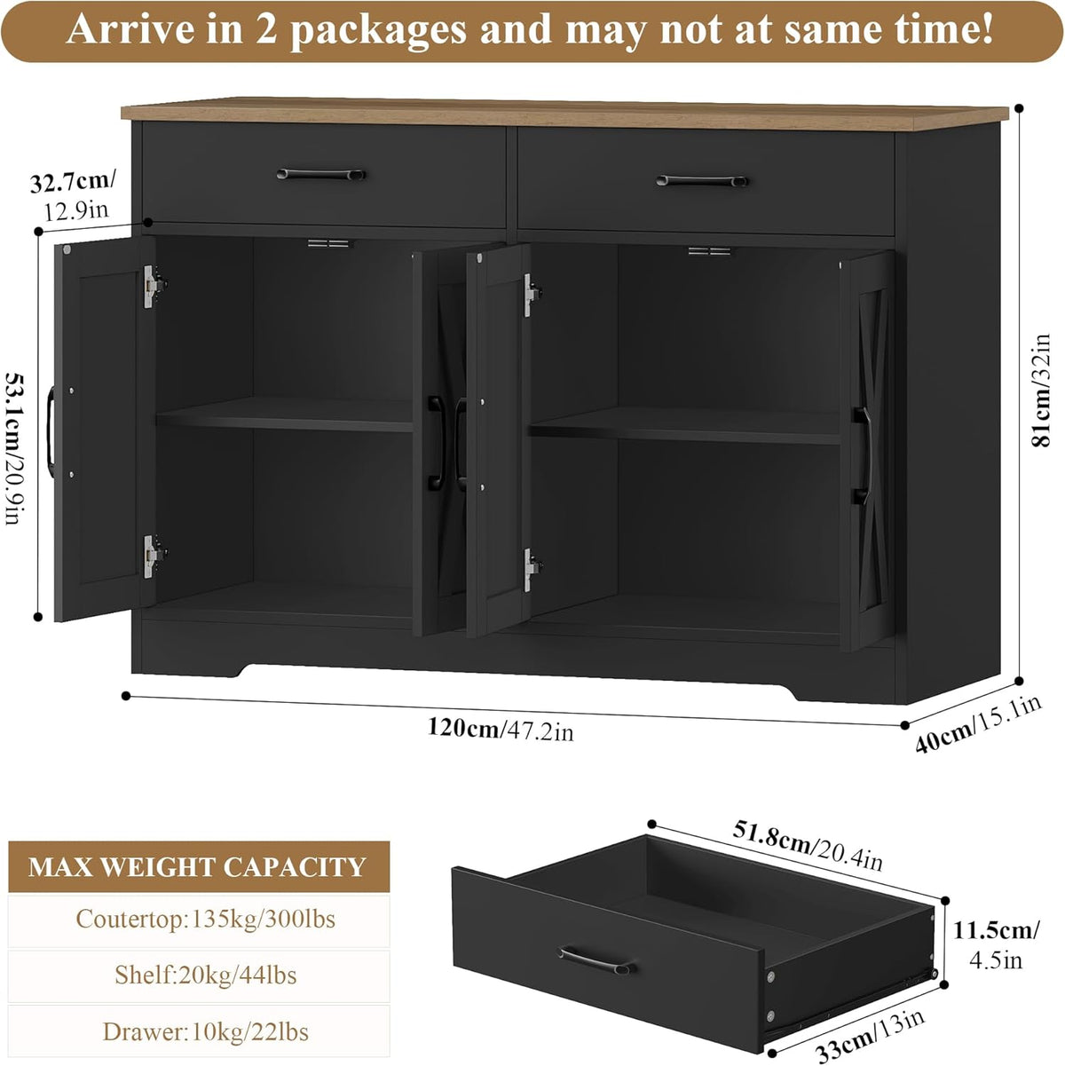 HOCSOK Buffet, 120 cm Meuble Cuisine, Buffet Salle a Manger avec 2 Tiroirs 4 Portes, Meuble de Rangement pour Salon, Cuisine, Couloir, Noir + Antique