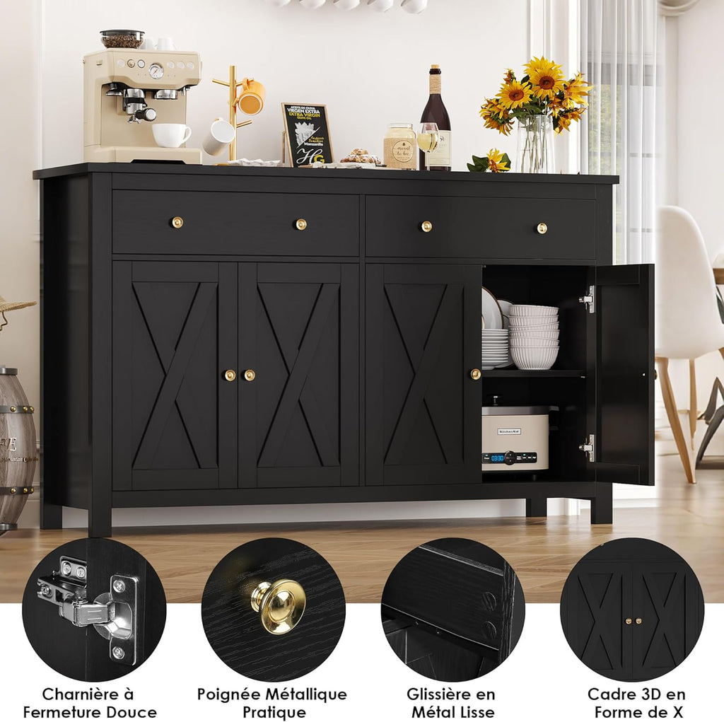 FirFurd Buffet Cuisine Meuble de Cuisine Rangement Buffet avec 4 Portes 2 Tiroirs Étagères Réglables Meuble de Rangement pour Salon Salle à Manger 140x40x89 cm Noir
