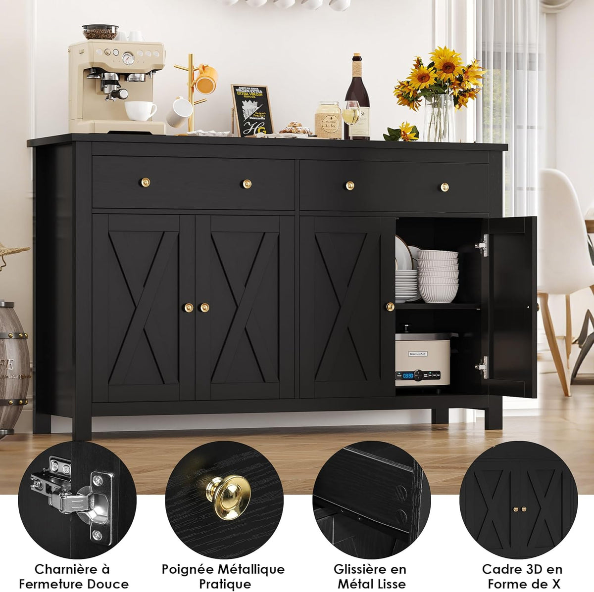 FirFurd Buffet Cuisine Meuble de Cuisine Rangement Buffet avec 4 Portes 2 Tiroirs Étagères Réglables Meuble de Rangement pour Salon Salle à Manger 140x40x89 cm Noir