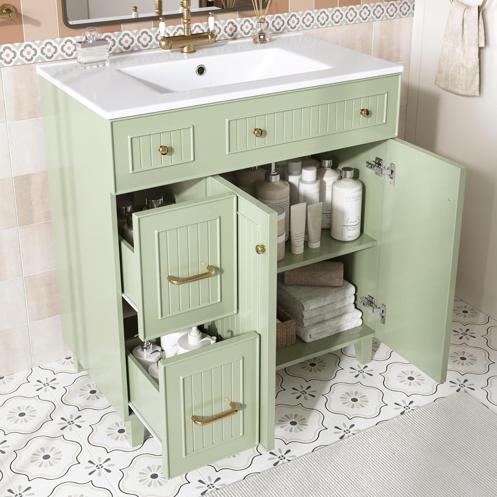 KOMHTOM Meuble de Salle de Bain avec, 2 Tiroirs, Poignée Métal et Étagère - 82 x 47 x 90cm Lavabo Simple Moderne - Armoire de Rangement en Bois (Vert)