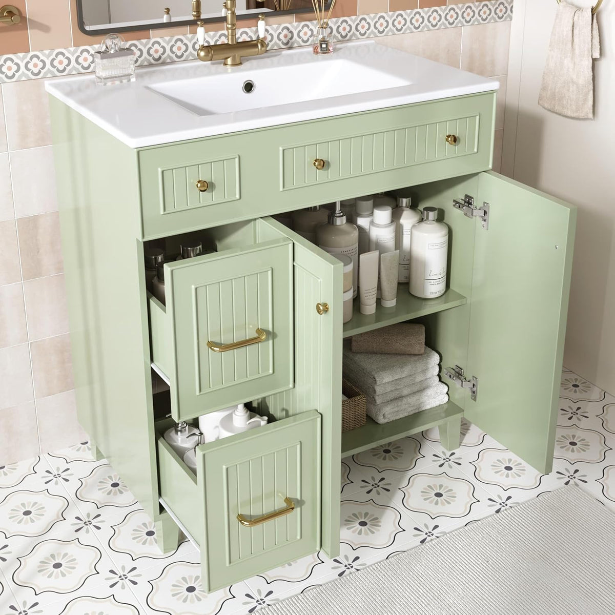 KOMHTOM Meuble de Salle de Bain avec, 2 Tiroirs, Poignée Métal et Étagère - 82 x 47 x 90cm Lavabo Simple Moderne - Armoire de Rangement en Bois (Vert)