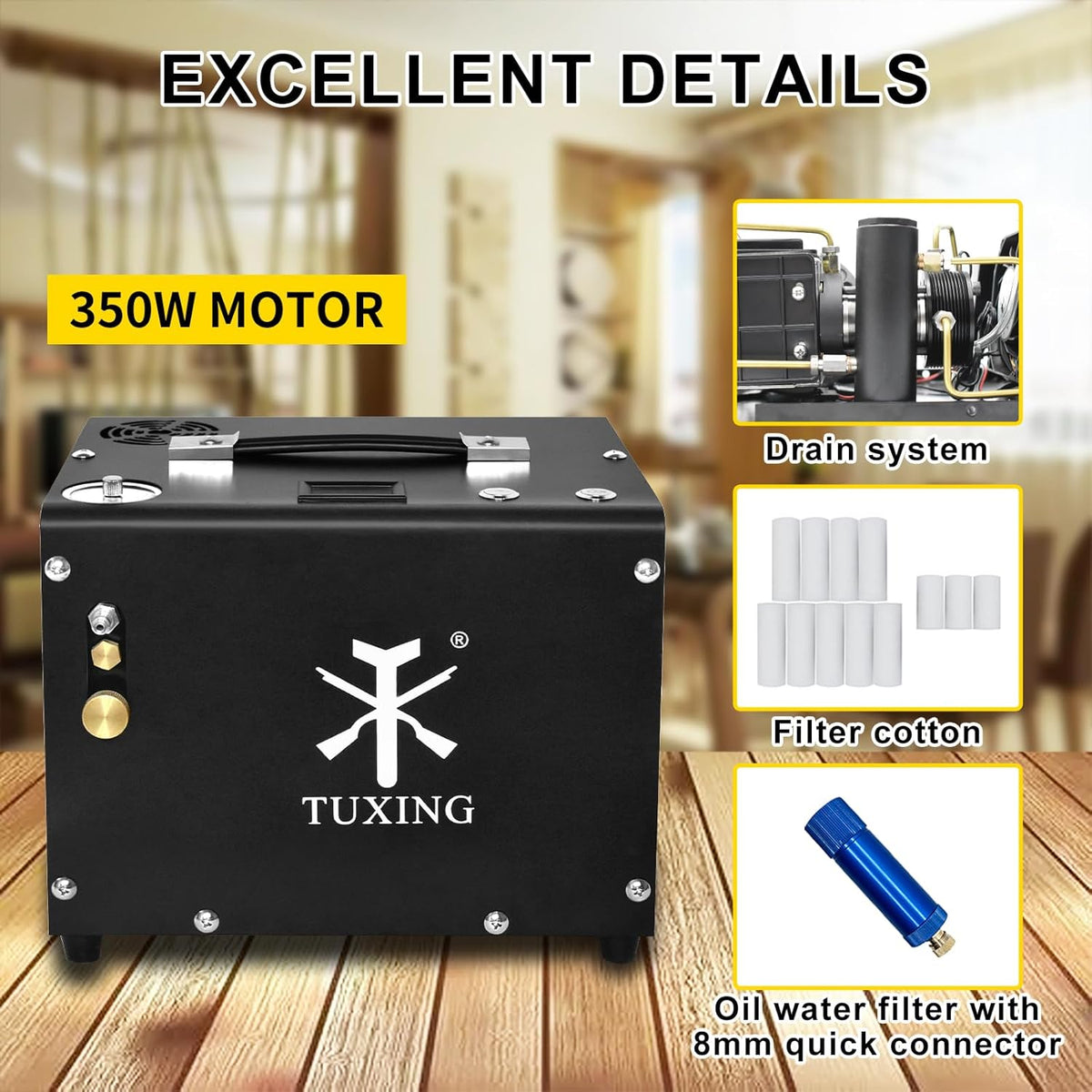 TUXING Compresseur d'air PCP 4500 psi/30 Mpa, arrêt automatique, pistolet et pompe de paintball avec séparateur eau/huile, alimentation intégrée (220 V AC ou batterie)
