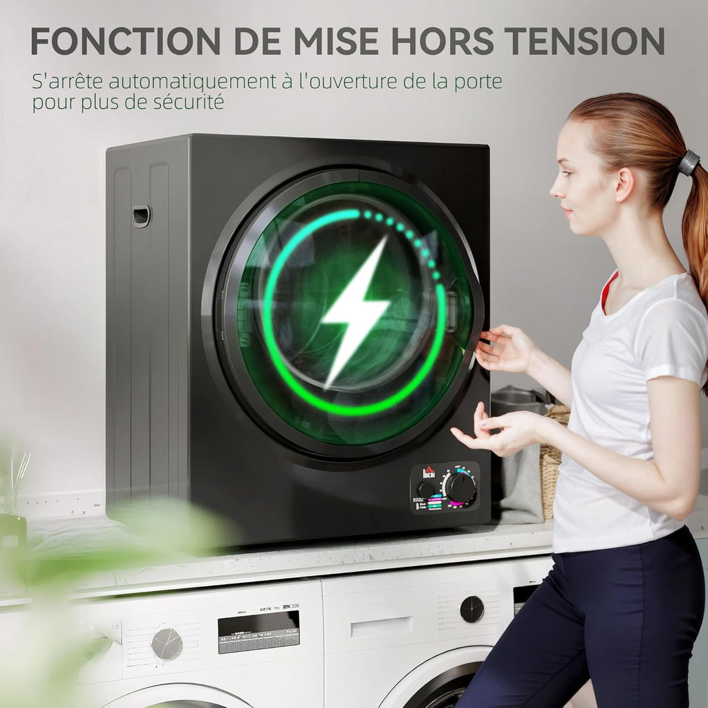 HOMCOM Sèche-linge à évacuation portable, sèche-linge électrique 850 W, 4 Kg, 4 modes de séchage, 2 niveaux de chauffage, cuve en acier inoxydable, installation murale, pour appartement dortoir, noir