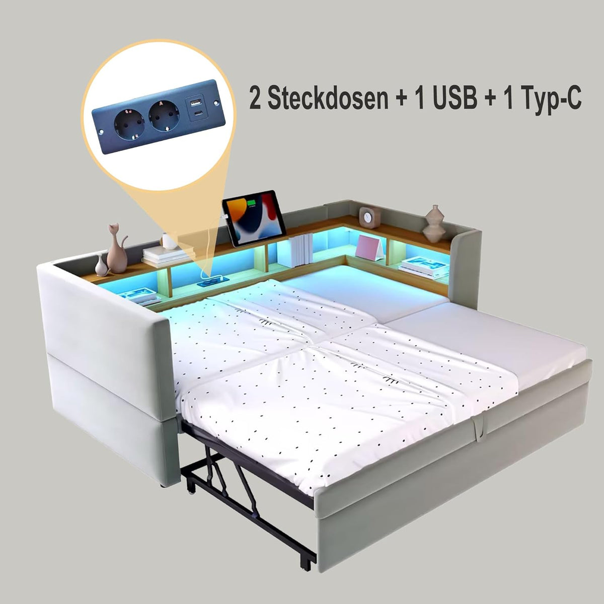 Canapé lit 90x190, Canapé Convertible avec LED et USB, lit 2 Personnes 90/180x190 avec lit gigogne et Plusieurs Compartiments de Rangement, Meuble Salon Gris Clair (sans Matelas)