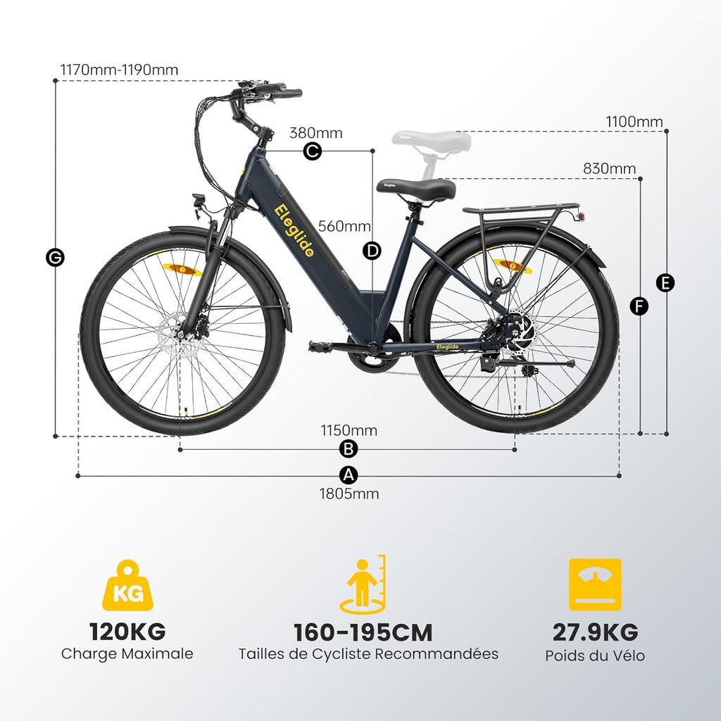Eleglide T2 Vélo Électrique Adulte 100KM, Moteur 250W, Freins Hydrauliques, Batterie 486Wh, E-Bike Urbain pour Homme Femme, 27.5" Vélo de Ville,VTC