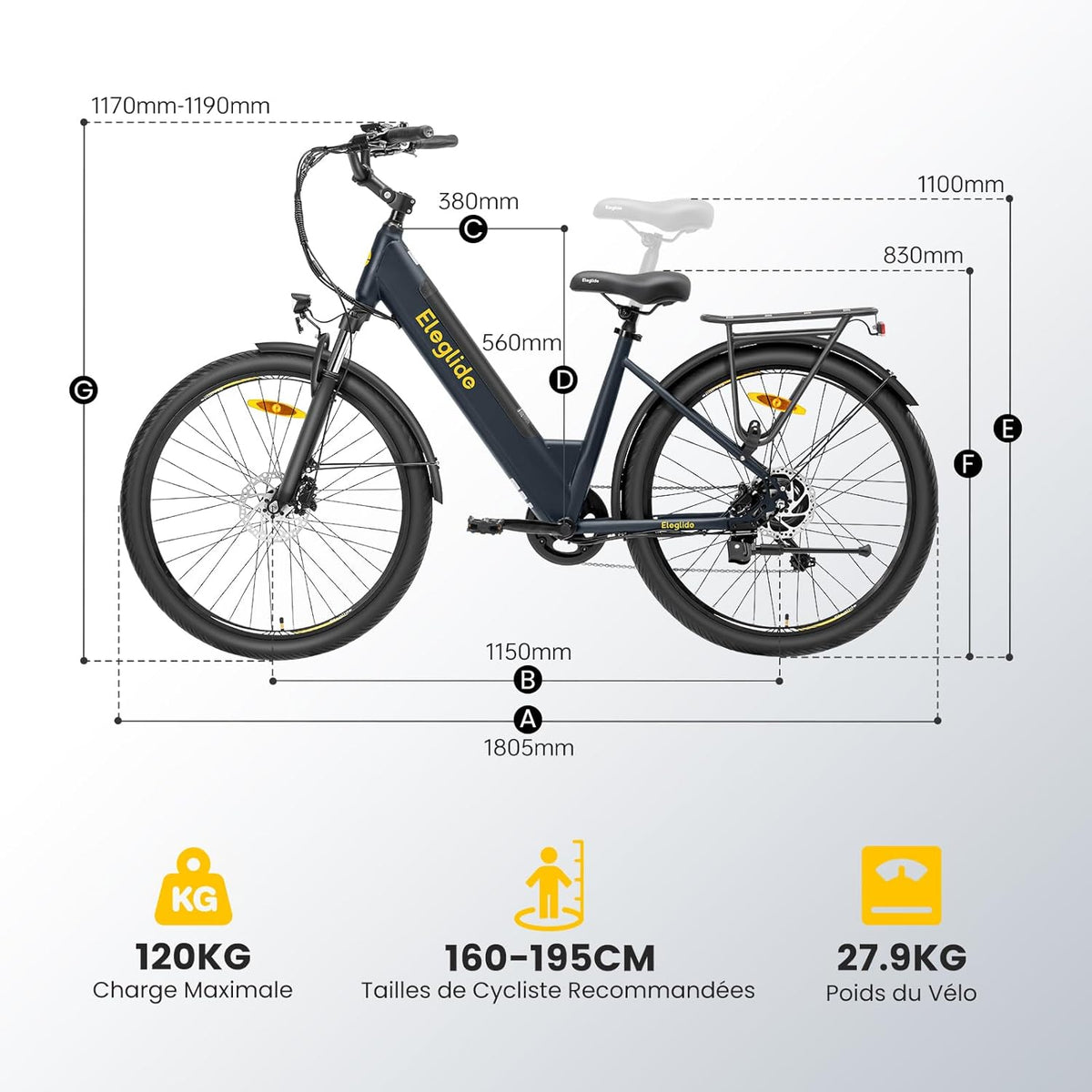 Eleglide T2 Vélo Électrique Adulte 100KM, Moteur 250W, Freins Hydrauliques, Batterie 486Wh, E-Bike Urbain pour Homme Femme, 27.5" Vélo de Ville,VTC