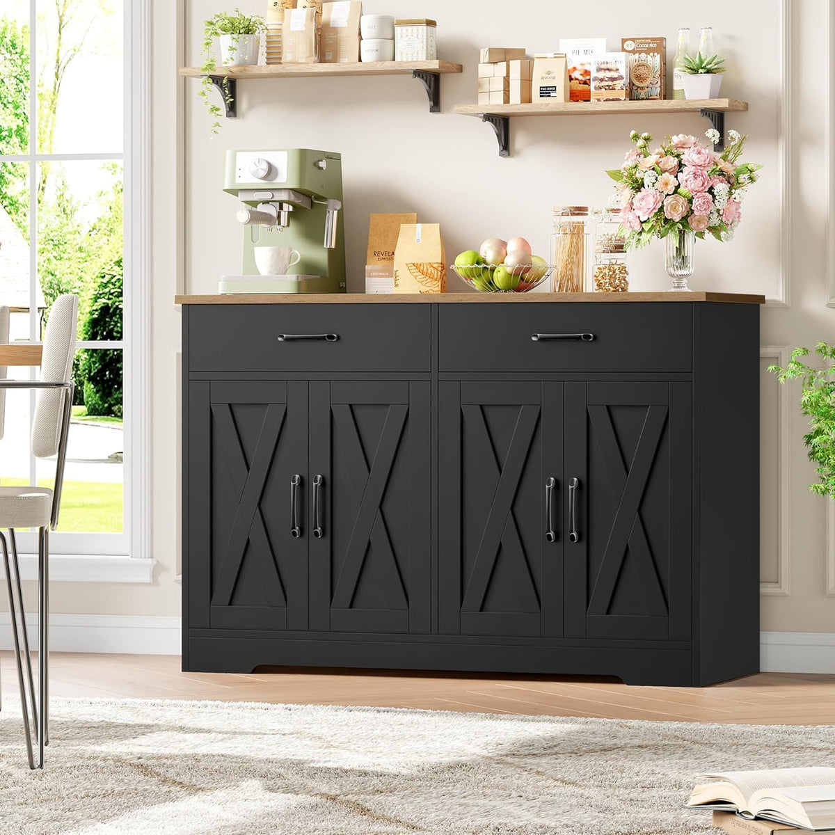 HOCSOK Buffet, 120 cm Meuble Cuisine, Buffet Salle a Manger avec 2 Tiroirs 4 Portes, Meuble de Rangement pour Salon, Cuisine, Couloir, Noir + Antique