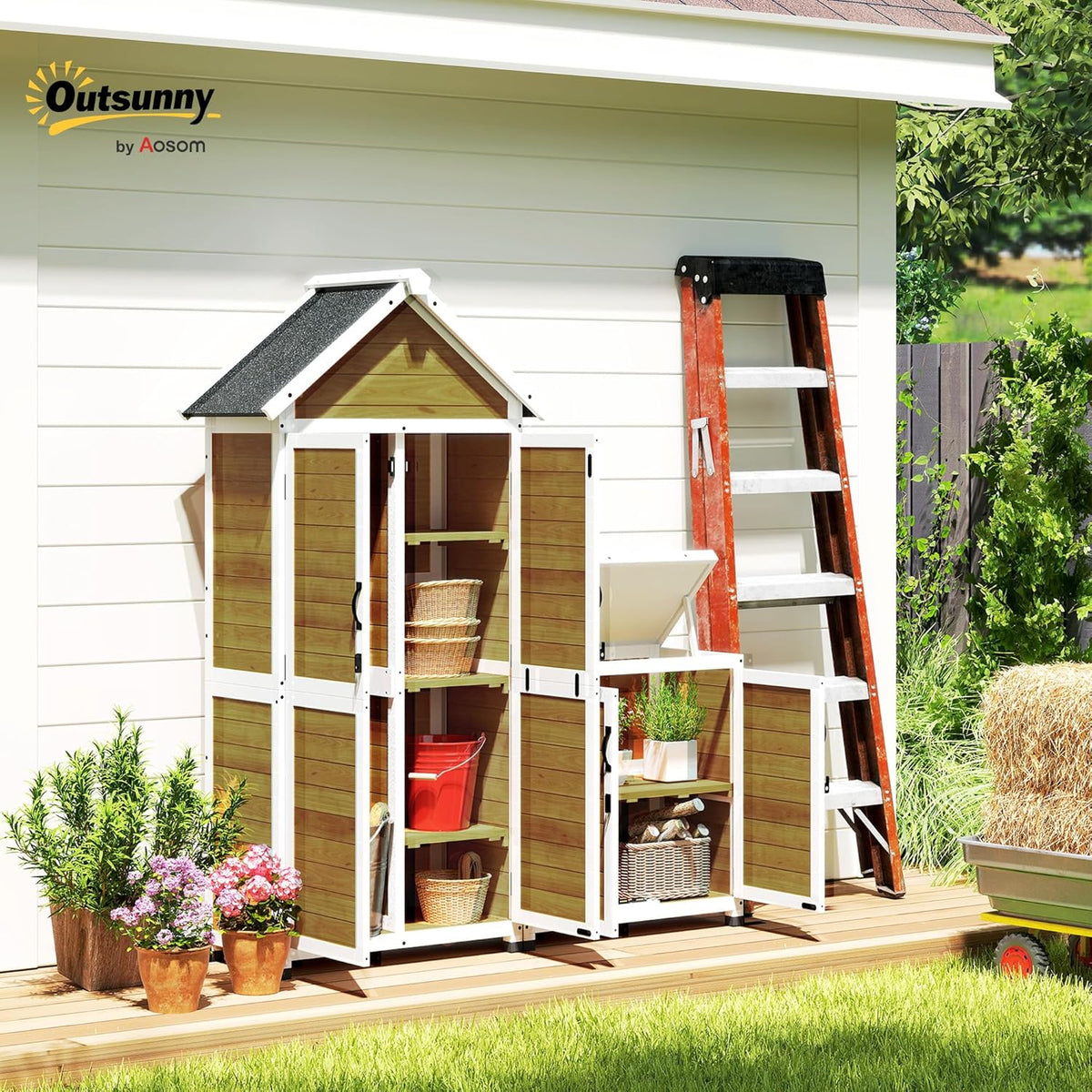 Outsunny Abri de Jardin + Armoire de Rangement en Bois, cabane de Jardin extérieur intérieur avec Toit incliné en Asphalte, étagères et Portes verrouillables, Armoire à Outils pour Balcon, Naturel