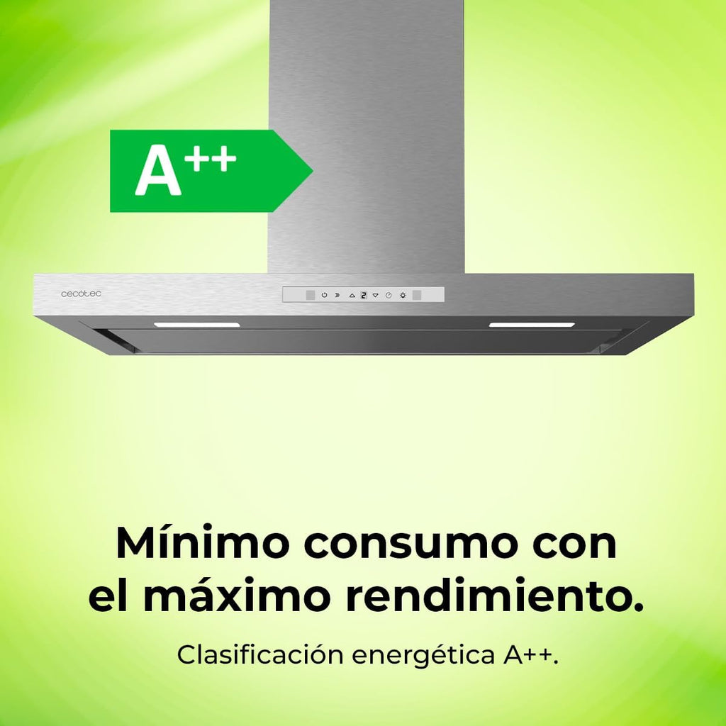 Cecotec Hotte aspirante Bolero Flux TT 908000. Hotte aspirante de 90 cm, inox, 800m3/h, moteur 210W, classe A++, écran tactile glass white, 3 niveaux, filtre charbon.