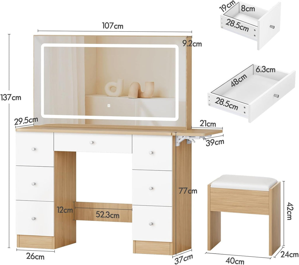 ALFORDSON Ensemble de coiffeuse avec miroir et prises de courant, table de toilette avec tabouret de rangement, 7 tiroirs et plateau pliable, 3 modes de couleur et 10 niveaux de gradation,Couleur bois