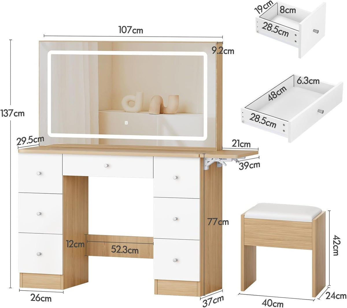 ALFORDSON Ensemble de coiffeuse avec miroir et prises de courant, table de toilette avec tabouret de rangement, 7 tiroirs et plateau pliable, 3 modes de couleur et 10 niveaux de gradation,Couleur bois