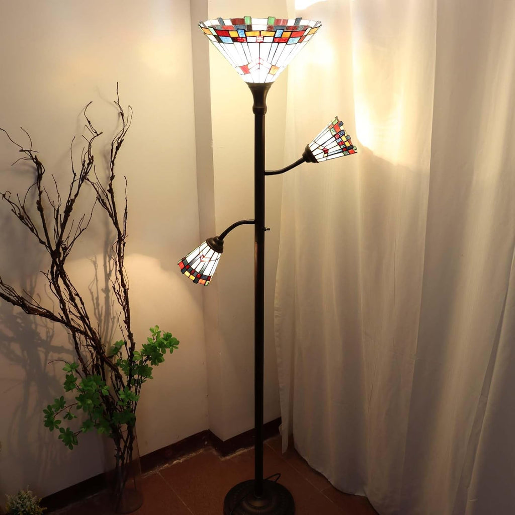Bieye Lampadaire torche style Tiffany à 3 lumières avec lampes de lecture réglables pour salon, 178 cm de hauteur Blanc, Mission