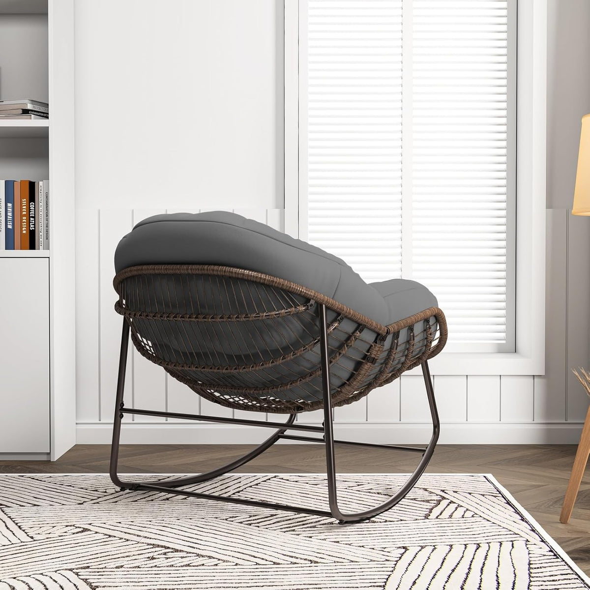 belupai Fauteuil à bascule en forme d'œuf en osier, jardin à bascule en rotin avec rembourré, chaise d'allaitement, cadre en métal, pour extérieur et intérieur, jusqu'à 113 kg pessimiste