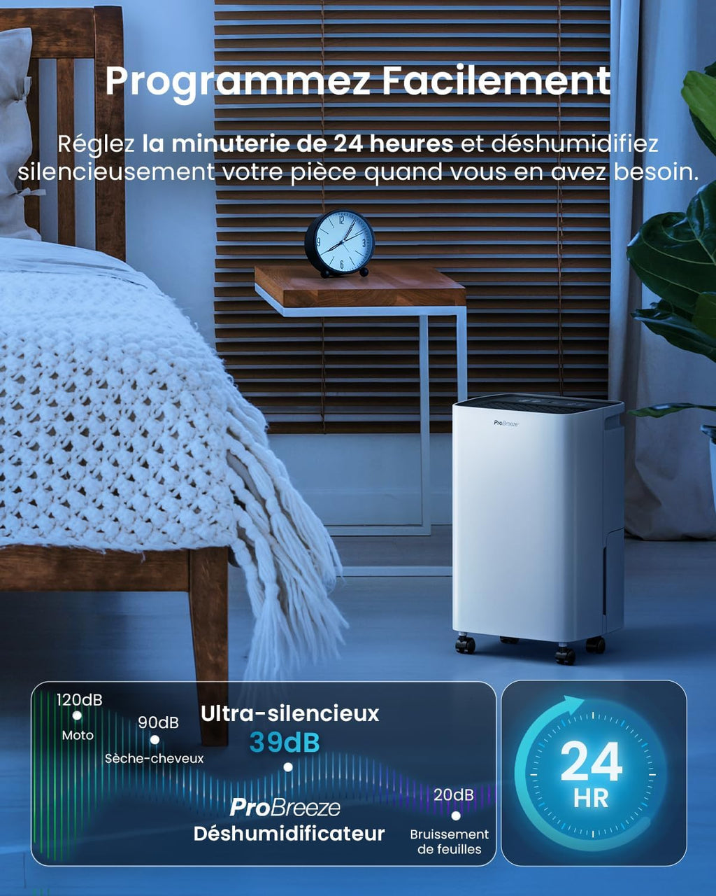 Pro Breeze Déshumidificateur d Air 12L/jour, Éliminateur de Moisissure Noire, Absorbeur d'Humidité Automatique, Sèche-linge, Déshumidificateur Compresseur Portable Silencieux, Minuterie 24h