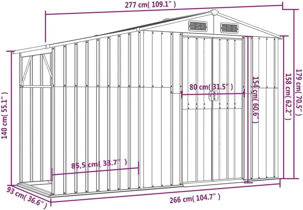 vidaXL Abri de Jardin, Cabane à Outils avec Poignées, Remise à Outils avec Toit, Abri de Rangement Terrasse, Anthracite 277x93x179 cm Acier Galvanisé