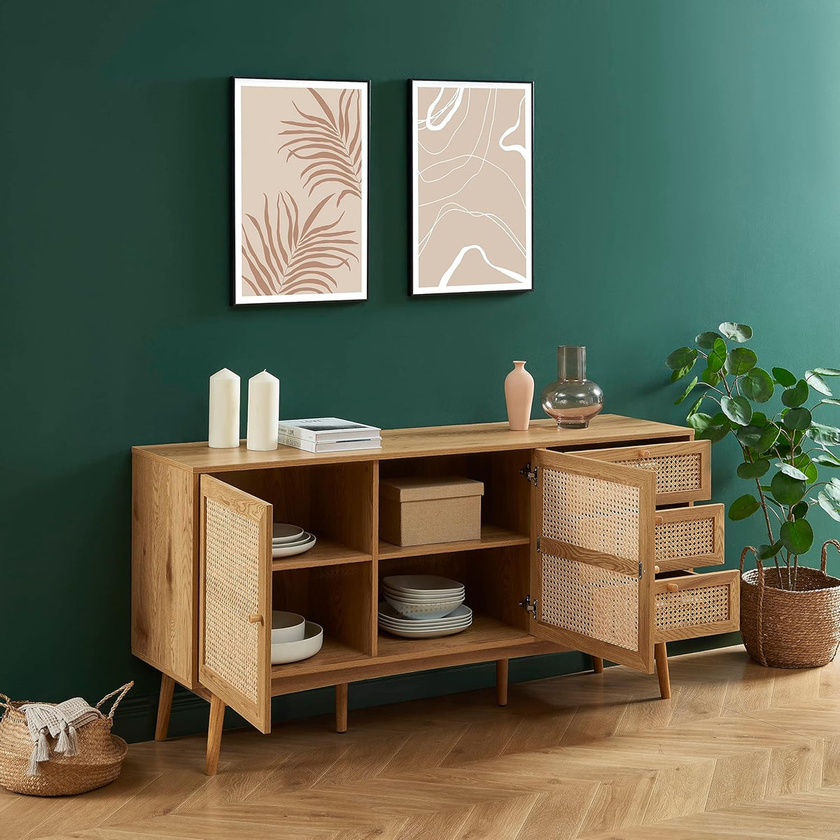 BAÏTA Buffet INES Effet chêne et cannage rotin l150cm