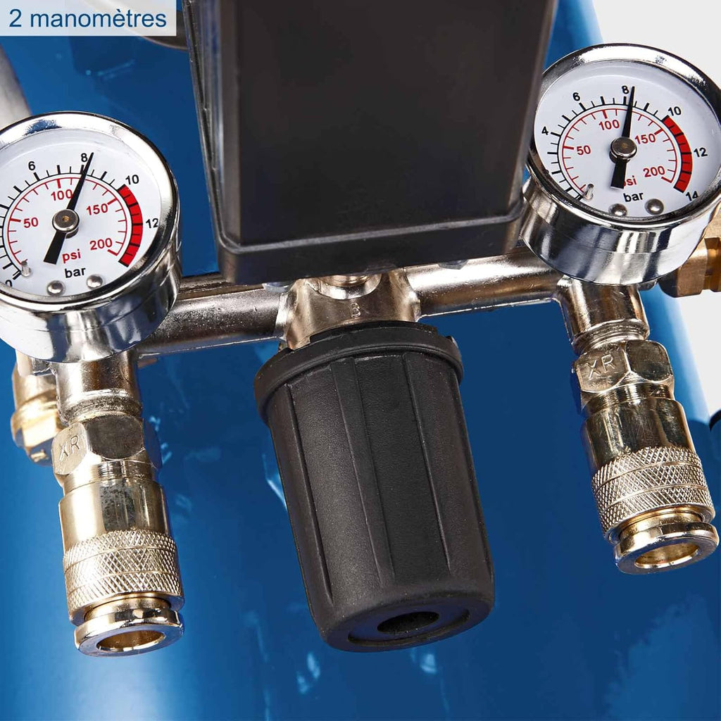 Compresseur Scheppach HC53DC (2200 watts, 50 L, 10 bar, puissance d'aspiration 412 L/min, limiteur de pression, lubrification à l'huile, vérin double)