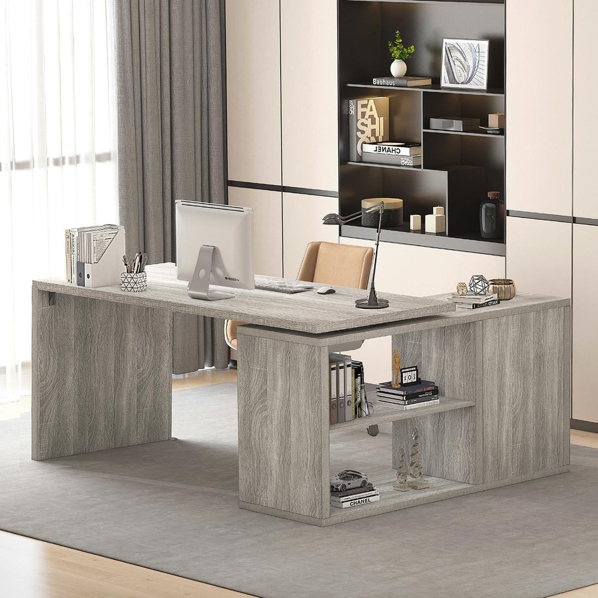 HSH Bureau d'angle gris en forme de L avec étagères de rangement, bureau d'ordinateur réversible en forme de L avec armoire de rangement, bureau d'angle réglable pour PC, écriture, étude, travail, 140