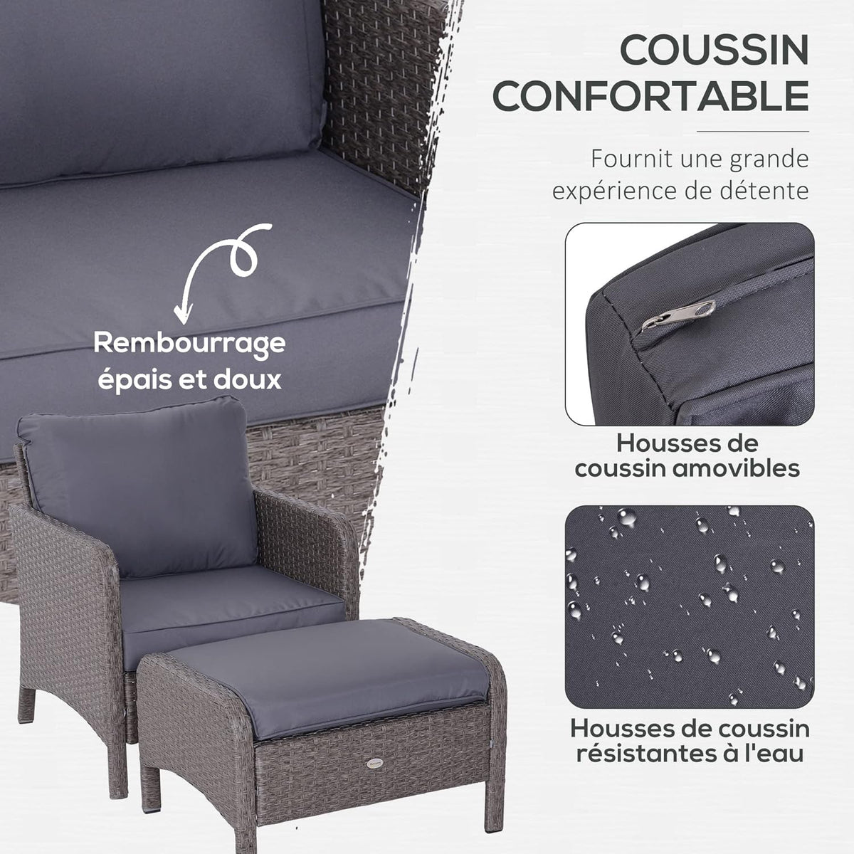 Outsunny Lot de 2 fauteuils de Jardin Grand Confort Repose-Pied Table Basse résine tressée Imitation rotin Coussins Gris