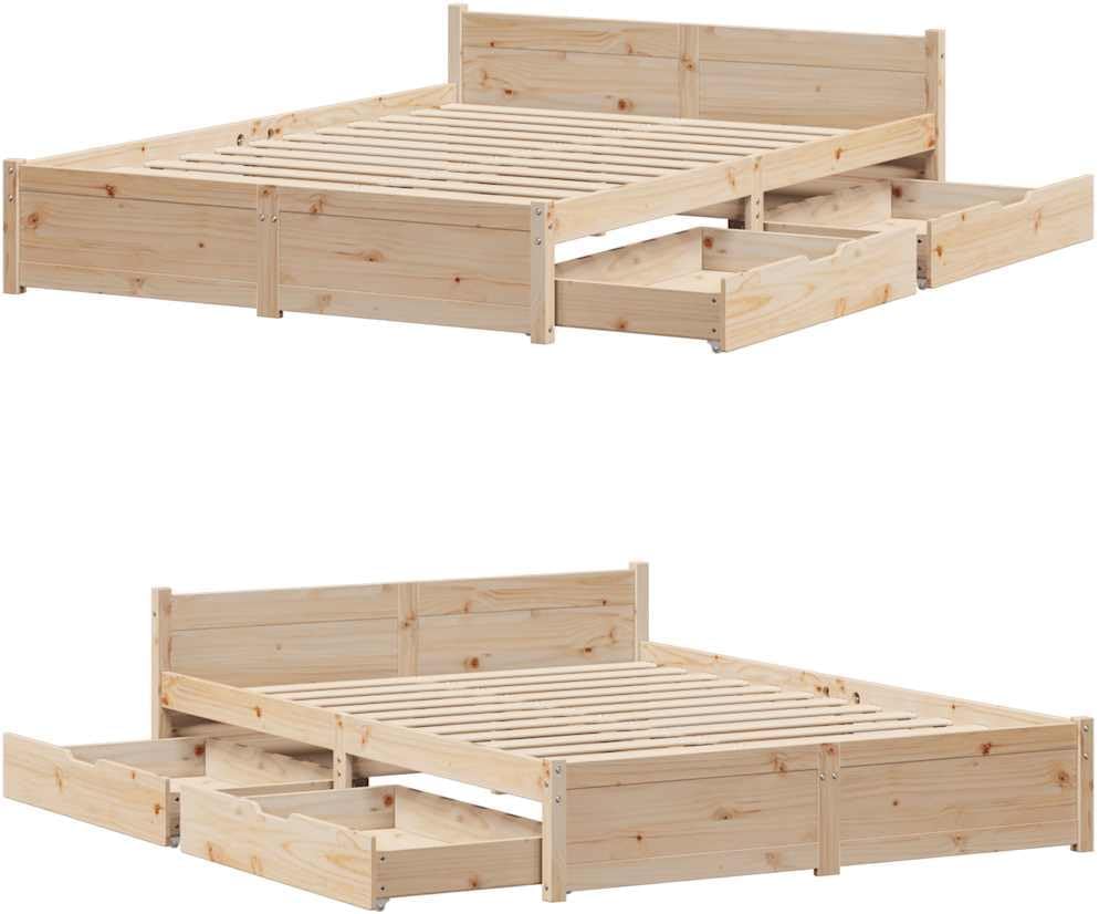 vidaXL Cadre de lit avec tiroirs 140x190 cm Bois de pin Massif, sommier, Cadre de lit Double, Cadre de lit en Bois Massif, Meuble de Chambre à Coucher